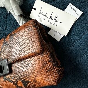 NWT Nicole Miller Brown Snake Print Women Bag with Chain detail strap